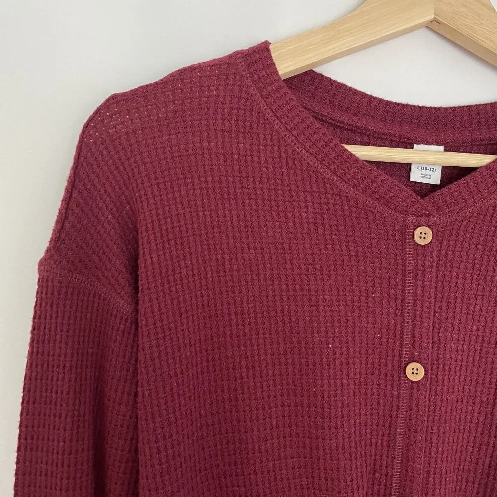 Old Navy sz L kids red waffle‎ knit faux buttons front tie long sleeved sweater